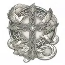 cross with infinite cross around it, 3 background doves flying, clouds surrrounding  tattoo design idea