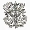 cross with infinite cross around it, 3 background doves flying, clouds surrrounding  tattoo design idea