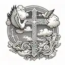 cross with infinite cross around it, 3 background doves flying, clouds surrrounding  tattoo design idea