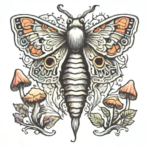 moth and mushroom forest tattoo design idea