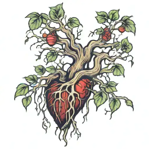 poison tree with heart roots spreading tattoo design idea
