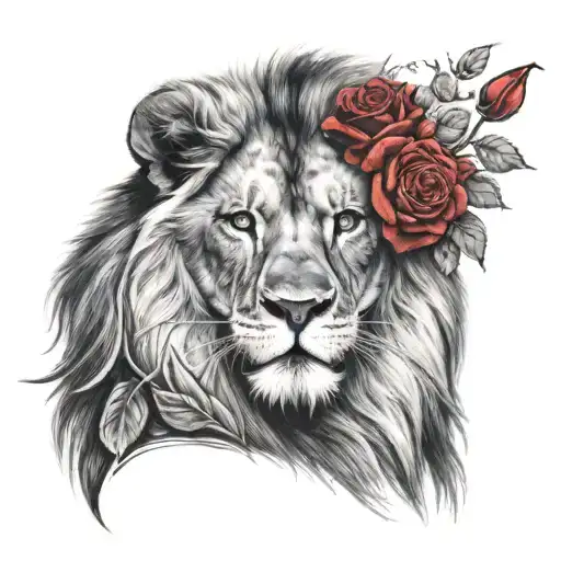black and white lion with blue eyes and red roses tattoo design idea