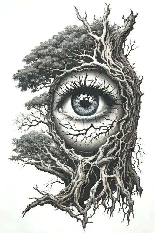 eye with mother fading holding daughter hand inside tree below it half dead half alive roots connects to I'm fine save tattoo design idea