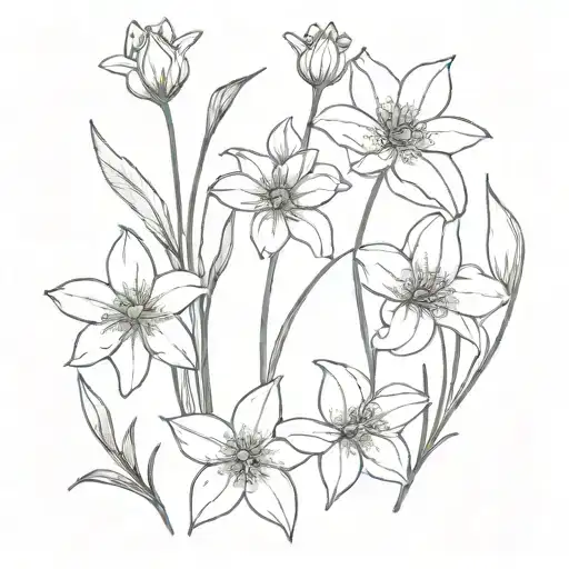  bouqet including 3 violet flowers, 2 lilly of the flowers, 1 daffodil flower two daisy flowers next to a cosmos tattoo design idea