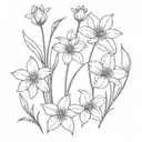  bouqet including 3 violet flowers, 2 lilly of the flowers, 1 daffodil flower two daisy flowers next to a cosmos tattoo design idea