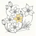  bouqet including 3 violet flowers, 2 lilly of the flowers, 1 daffodil flower two daisy flowers next to a cosmos tattoo design idea