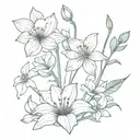  bouqet including 3 violet flowers, 2 lilly of the flowers, 1 daffodil flower two daisy flowers next to a cosmos tattoo design idea