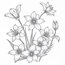  bouqet including 3 violet flowers, 2 lilly of the flowers, 1 daffodil flower two daisy flowers next to a cosmos tattoo design idea