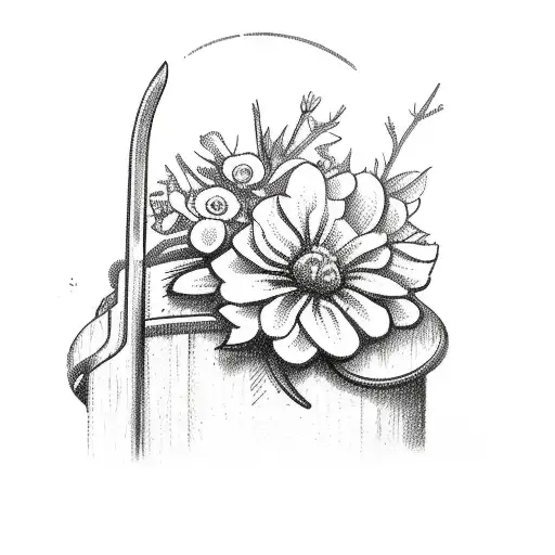A detailed sketch of a hunting rifle with flowers growing from the barrel tattoo design idea