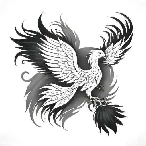 Design a (((black and white tattoo))) featuring a (((Phoenix))) with flowing, interwoven feathers that give off a (((smo tattoo design idea