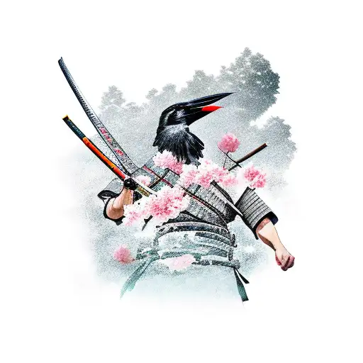Samurai against the backdrop of sakura and with a raven sitting on a katana tattoo design idea