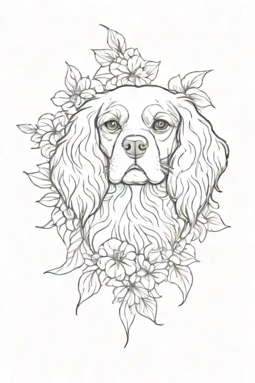 cavalier king charles spaniel lying in flowers tattoo design idea