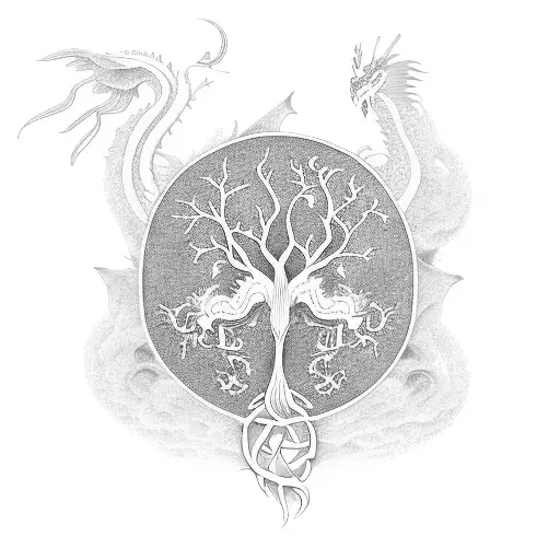 Tree of Life with dragon and pheonix  tattoo design idea