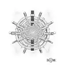 A microscope with DNA strands weaving through it, surrounded by lyrics from Mac Miller's songs tattoo design idea