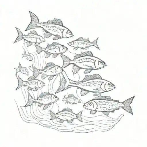 A sketch of a school of colorful fish swimming in unison, capturing the vibrant and dynamic nature of the underwater world you explore through freediving tattoo design idea