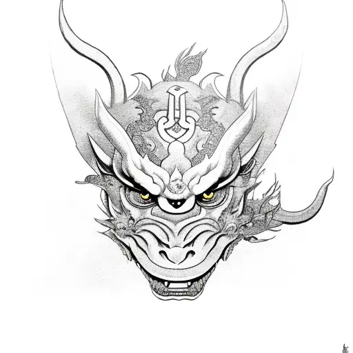dragon with oni mask, Hannya mask and tengu mask with cherry blossom petals  tattoo design idea