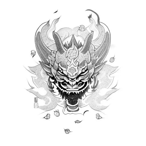dragon with oni mask, Hannya mask and tengu mask with cherry blossom petals  tattoo design idea