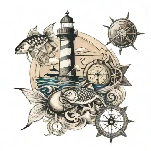 lighthouse, compass, Sicilian sun, small Jewish star, Japanese koi fish tattoo design idea