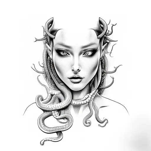 realistic medusa at a 45 degree angle face mens sleeve tattoo template with snakes as her hair tattoo design idea