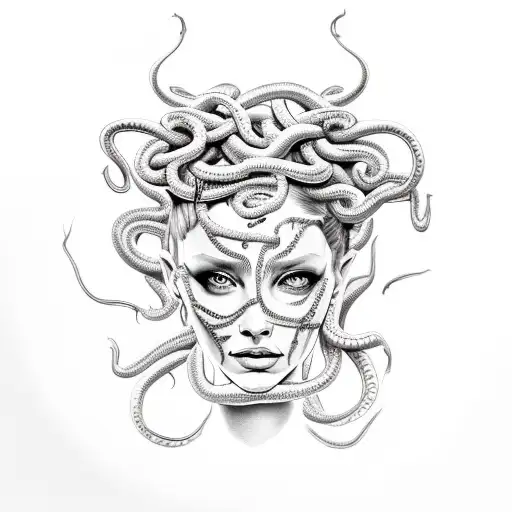 realistic medusa at a 45 degree angle face tattoo template with snakes as her hair tattoo design idea