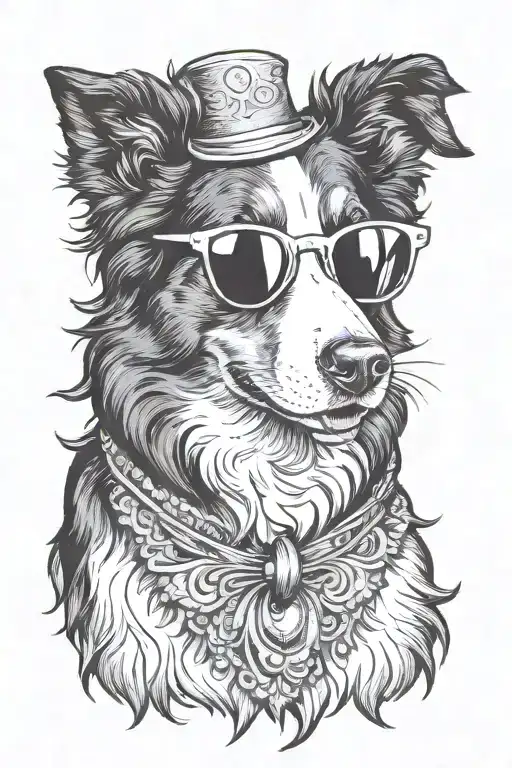 border collie dog wearing sunglasses portrait american traditional tattoo tattoo design idea