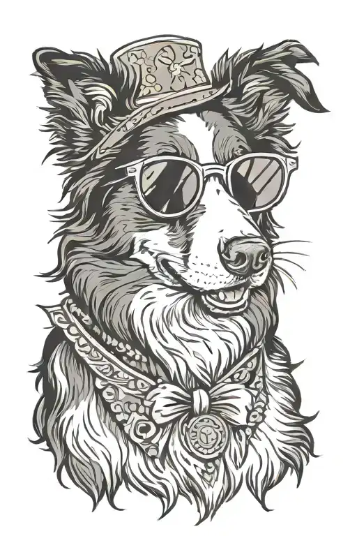 border collie dog wearing sunglasses portrait tattoo tattoo design idea