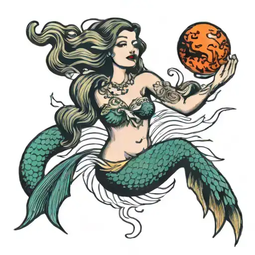 Mermaid holding a fireball in her right hand tattoo design idea