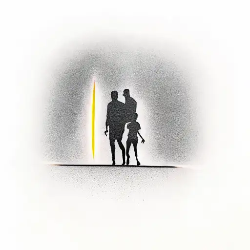 A silhouette of a father and son walking towards a glowing light in the sky tattoo design idea