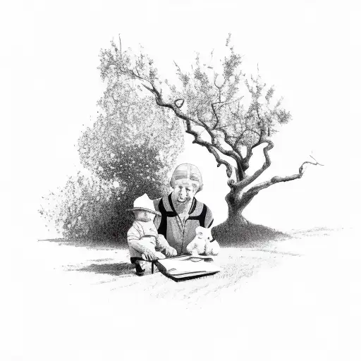 grandmother with child under walnut tree tattoo design idea