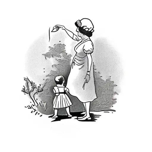 grandmother with child under walnut tree tattoo design idea