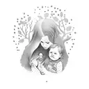 grandmother with child under walnut tree tattoo design idea