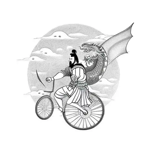 A fierce samurai warrior riding a bicycle through a field of blooming lotus flowers, with a dragon soaring above in the sky. tattoo design idea