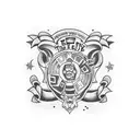 the phrase "Every time i die" in an old English font curving around a twenty sized dice showing a 1. tattoo design idea