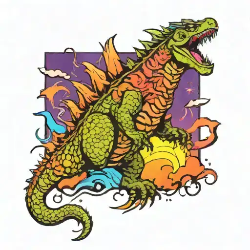 Godzilla with sunrise integrated tattoo design idea