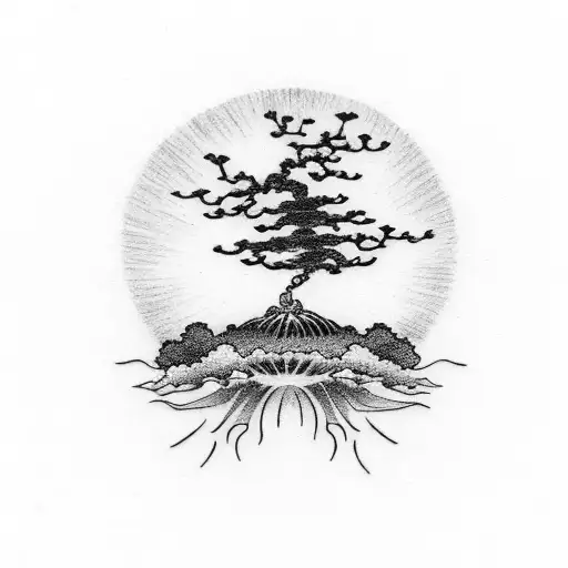 Bonsai tree with a rising sun background tattoo design idea