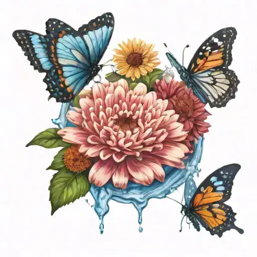 waterfall with gerbera daisy flower and northern blue butterfly  tattoo design idea