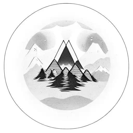 A disc golf basket nestled among tall trees with a serene mountain backdrop tattoo design idea