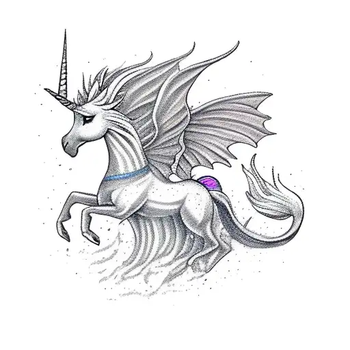 fantasy scene with unicorn, mermaid, dragon, pegasus, fairies, stag tattoo design idea