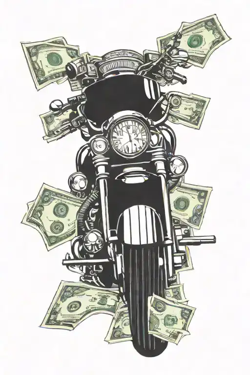A sleek motorcycle intertwined with a stack of cash, symbolizing the hustle for wealth and freedom tattoo design idea