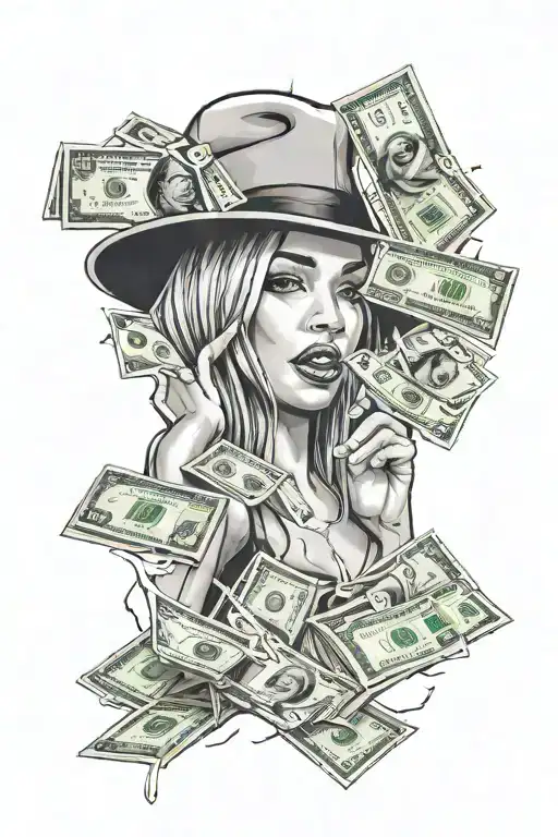 money falling from the sky gangster girl thug life tattoo design idea