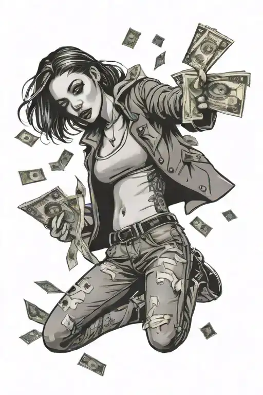 money falling from the sky gangster girl thug life tattoo design idea