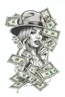 money falling from the sky gangster girl thug life tattoo design idea
