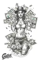 money falling from the sky gangster girl thug life tattoo design idea