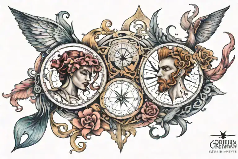 realistic gemini & sagittarius combine tattoo featuring tattoo design idea