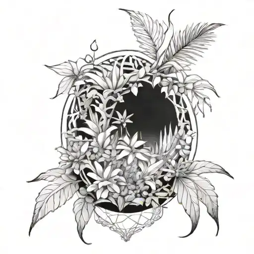 A crystal garden with exotic plants intertwined, creating a mystical and vibrant scene tattoo design idea