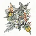protea, eucalyptus leaves, wattle flowers, billy buttons and kangaroo paw in a bouquet, with a Chinese dragon amongst  tattoo design idea