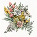 protea, eucalyptus leaves, wattle flowers, billy buttons and kangaroo paw in a bouquet, with a Chinese dragon amongst  tattoo design idea