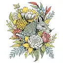 protea, eucalyptus leaves, wattle flowers, billy buttons and kangaroo paw in a bouquet, with a Chinese dragon amongst  tattoo design idea