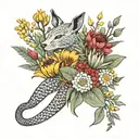 protea, eucalyptus leaves, wattle flowers, billy buttons and kangaroo paw in a bouquet, with a Chinese dragon amongst  tattoo design idea