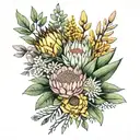 protea, eucalyptus leaves, wattle flowers, billy buttons and kangaroo paw in a bouquet tattoo design idea